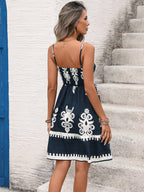 Women's Navy Blue White Print Spaghetti Strap Mini Dress Sleeveless A Line Summer Beach Dress
