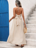 Women's Beige Halter Neck Maxi Dress With Crochet Cutout Sleeveless Flowy Summer Beach Dress