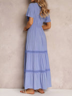 Women's Light Blue V Neck Lace Trim Maxi Dress Short Sleeve Tiered Flowy Casual Summer Dress