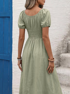 Women's Sage Green Square Neck Puff Sleeve Maxi Dress Smocked Waist Flowy Casual Summer Dress