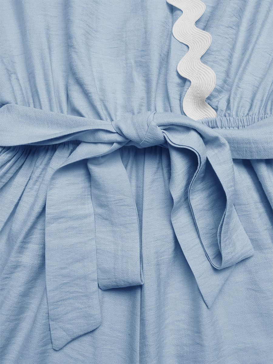 Jumpsuits Blue V-Neck Half Sleeves Strapless Viscose Straight Summer Playsuit