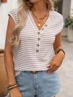 Short Sleeves Tees Khaki Buttons V-Neck Summer Tee Shirt For Women