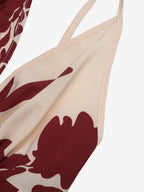 Women's Cream Burgundy Floral Print Spaghetti Strap Maxi Dress Deep V Neck Flowy Summer Beach Dress