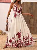 Women's Cream Burgundy Floral Print Spaghetti Strap Maxi Dress Deep V Neck Flowy Summer Beach Dress