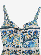 Women's Blue Floral Print Spaghetti Strap Maxi Dress Tie Front Tiered Flowy Summer Beach Dress