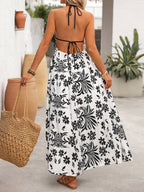 Women's Black White Tropical Print Halter Maxi Dress V Neck Sleeveless Flowy Summer Beach Dress