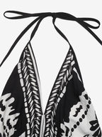 Women's Black White Tropical Print Halter Maxi Dress V Neck Sleeveless Flowy Summer Beach Dress