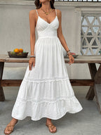 Women's White Lace Trim Spaghetti Strap Maxi Dress V Neck Tiered Flowy Summer Beach Dress
