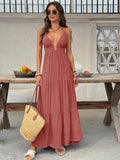 Women's Dusty Rose V Neck Spaghetti Strap Tiered Maxi Dress Sleeveless Flowy Summer Beach Dress