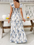 Women's White Blue Leaf Print Square Neck Maxi Dress Smocked Ruffle Sleeve Tiered Casual Summer Dress