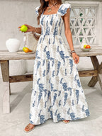 Women's White Blue Leaf Print Square Neck Maxi Dress Smocked Ruffle Sleeve Tiered Casual Summer Dress