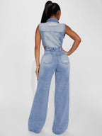 Jumpsuits Light Sky Blue Turndown Collar Sleeveless Cut Out Denim Straight Summer Playsuit