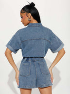 Jumpsuits Deep Blue Turndown Collar Short Sleeves Denim Summer Playsuit