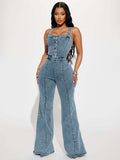Jumpsuits Blue Straps Neck Sleeveless Denim Flared Summer One Piece Outfit