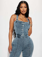 Jumpsuits Blue Straps Neck Sleeveless Denim Flared Summer One Piece Outfit
