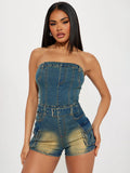 Jumpsuits Blue Strapless Sleeveless Sash Denim Summer Playsuit