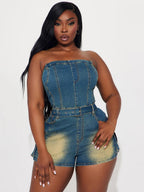 Jumpsuits Blue Strapless Sleeveless Sash Denim Summer Playsuit