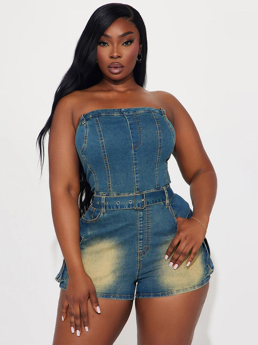 Jumpsuits Blue Strapless Sleeveless Sash Denim Summer Playsuit