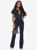 Jumpsuits Deep Blue Turndown Collar Short Sleeves Denim Wide Summer Playsuit