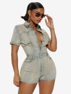 Jumpsuits Light Sky Blue Turndown Collar Short Sleeves Denim Summer One Piece Outfit