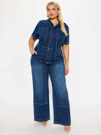 Jumpsuits Deep Blue Turndown Collar Short Sleeves Denim Flared Summer Playsuit
