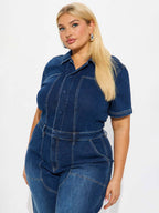 Jumpsuits Deep Blue Turndown Collar Short Sleeves Denim Flared Summer Playsuit