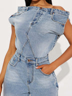 Jumpsuits Blue Notched Neckline Sleeveless Denim Loose Summer One Piece Outfit
