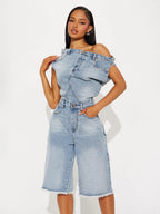 Jumpsuits Blue Notched Neckline Sleeveless Denim Loose Summer One Piece Outfit