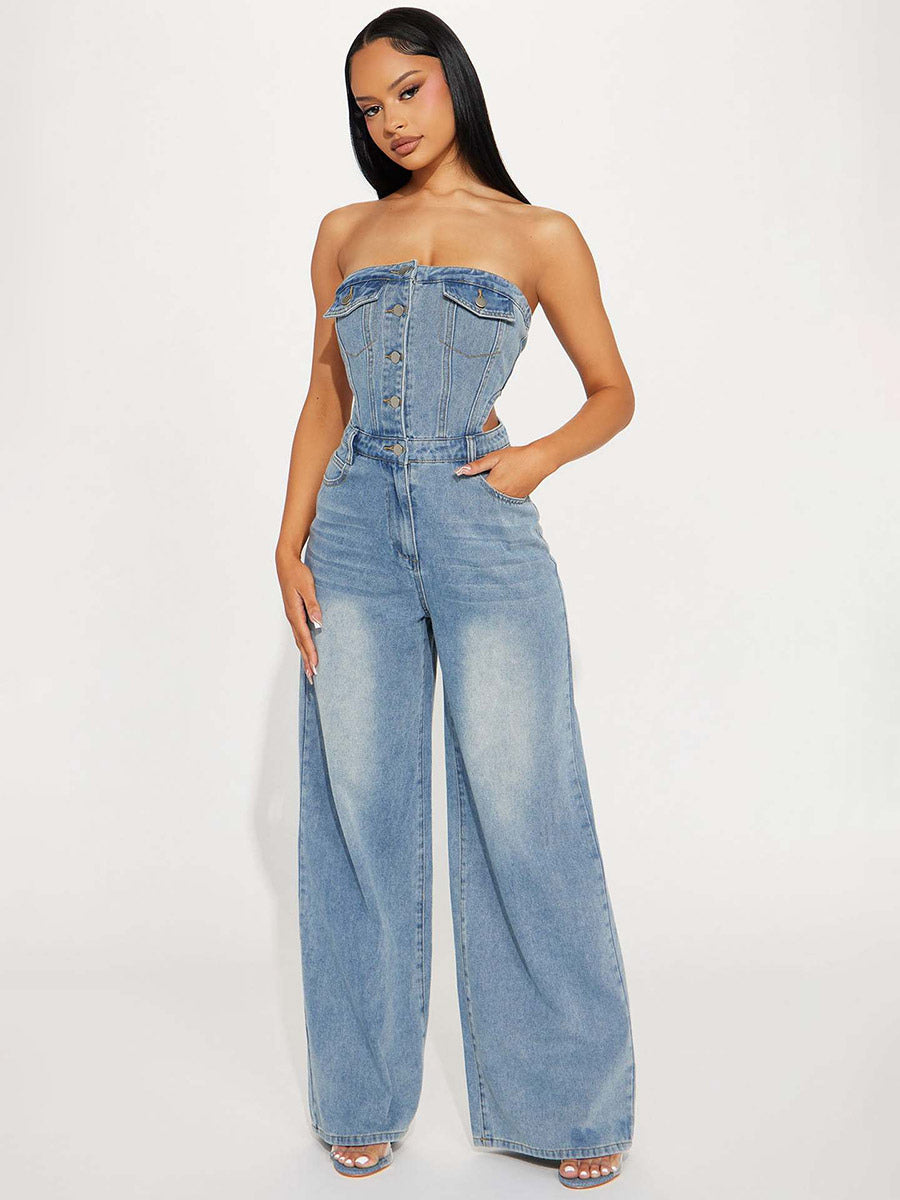 Jumpsuits Light Sky Blue Strapless Sleeveless Denim Loose Summer Playsuit
