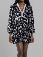 Date Night Dresses Mini Long Sleeves Floral Print V-Neck Elegant White Summer Dress