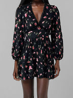 Date Night Dresses Mini Long Sleeves Floral Print V-Neck Elegant White Summer Dress