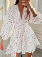 Date Night Dresses Mini Long Sleeves Floral Print V-Neck Elegant White Summer Dress