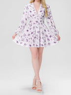 Date Night Dresses Mini Long Sleeves Floral Print V-Neck Elegant White Summer Dress