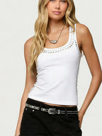 Black Cami Top Jewel Neck Rivets Sexy Women Camis Tanks