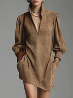 Daily Dresses For Woman Mini Dresses Camel Long Sleeves V-Neck Natural Waist Dress