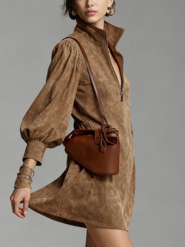 Daily Dresses For Woman Mini Dresses Camel Long Sleeves V-Neck Natural Waist Dress