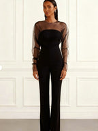 Jumpsuits Black Jewel Neck Long Sleeves Flared Summer One Piece Outfit