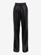 Pants Blue Buttons PU Leather Natural Waist Straight Trousers