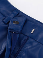Pants Blue Buttons PU Leather Natural Waist Straight Trousers