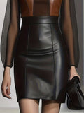 Skirts Black PU Leather Natural Waist Chic Spring Short Women's Bottoms