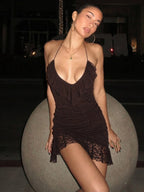 Deep Brown Ruched Lace Halter Mini Dress For Women Bold Casual Style