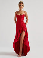 Red Strapless High Slit Satin Maxi Gown For Women Bold Formal Style