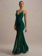 Creamy White V Neck Ruched Sheer Maxi Gown For Women Elegant Formal Style