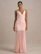 Creamy White V Neck Ruched Sheer Maxi Gown For Women Elegant Formal Style