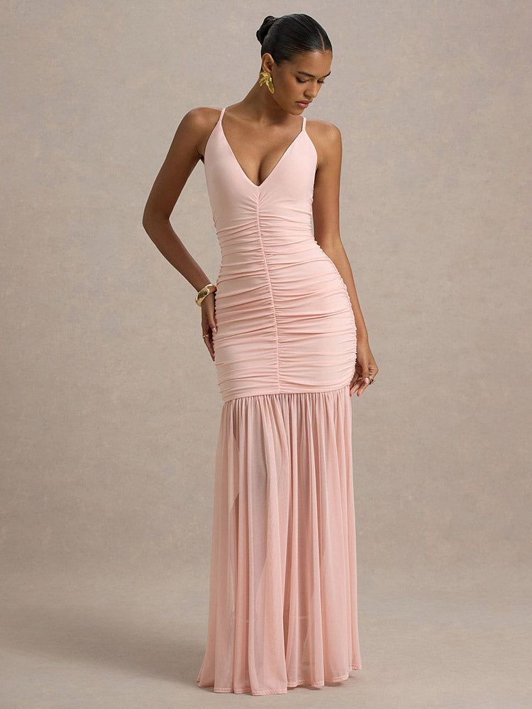Creamy White V Neck Ruched Sheer Maxi Gown For Women Elegant Formal Style