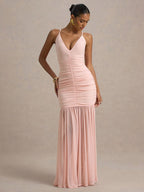 Creamy White V Neck Ruched Sheer Maxi Gown For Women Elegant Formal Style