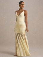 Creamy White V Neck Ruched Sheer Maxi Gown For Women Elegant Formal Style