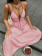 Vacation Dresses Maxi Backless Sleeveless V-Neck Cap Sleeves Sexy Burgundy Summer Dresses
