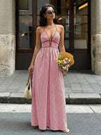 Vacation Dresses Maxi Backless Sleeveless V-Neck Cap Sleeves Sexy Burgundy Summer Dresses