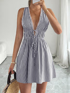 Date Night Mini Dresses Sleeveless Backless Stripes V-Neck Sexy Blue Summer Dresses